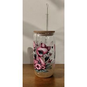 Pink Flamingo 16oz Glass Tumbler With Straw & Brush Cleaner Wood Top